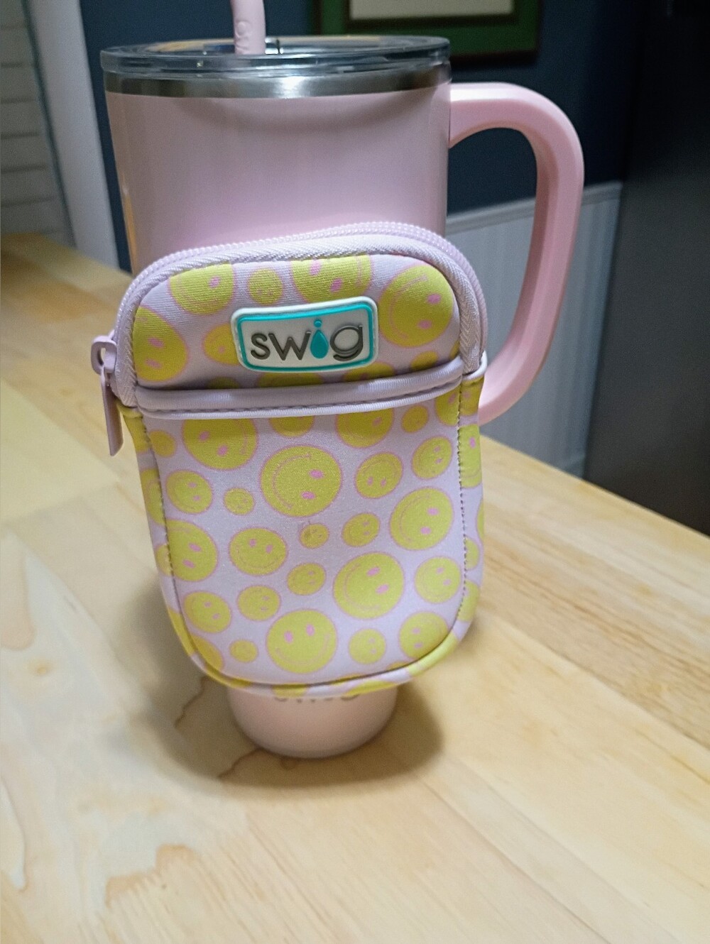 Swig Pink Travel Mug with Yellow Smiley Pouch